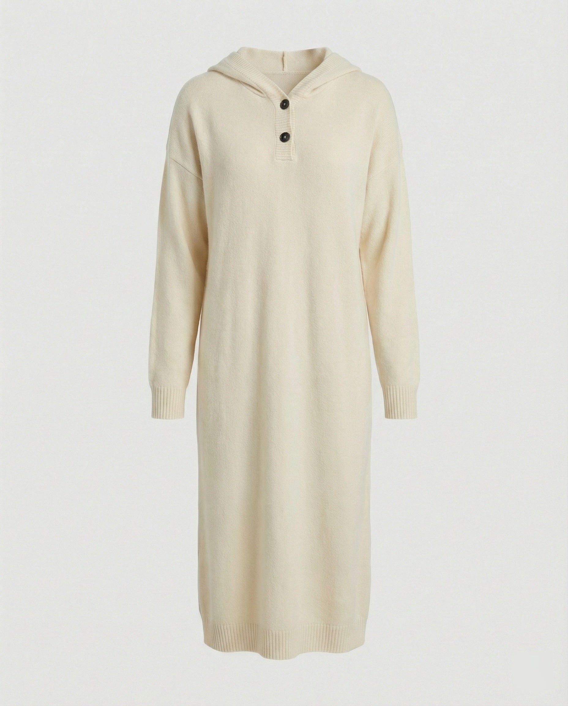 Women's hoodie dress made of soft knit material with button placket and hood