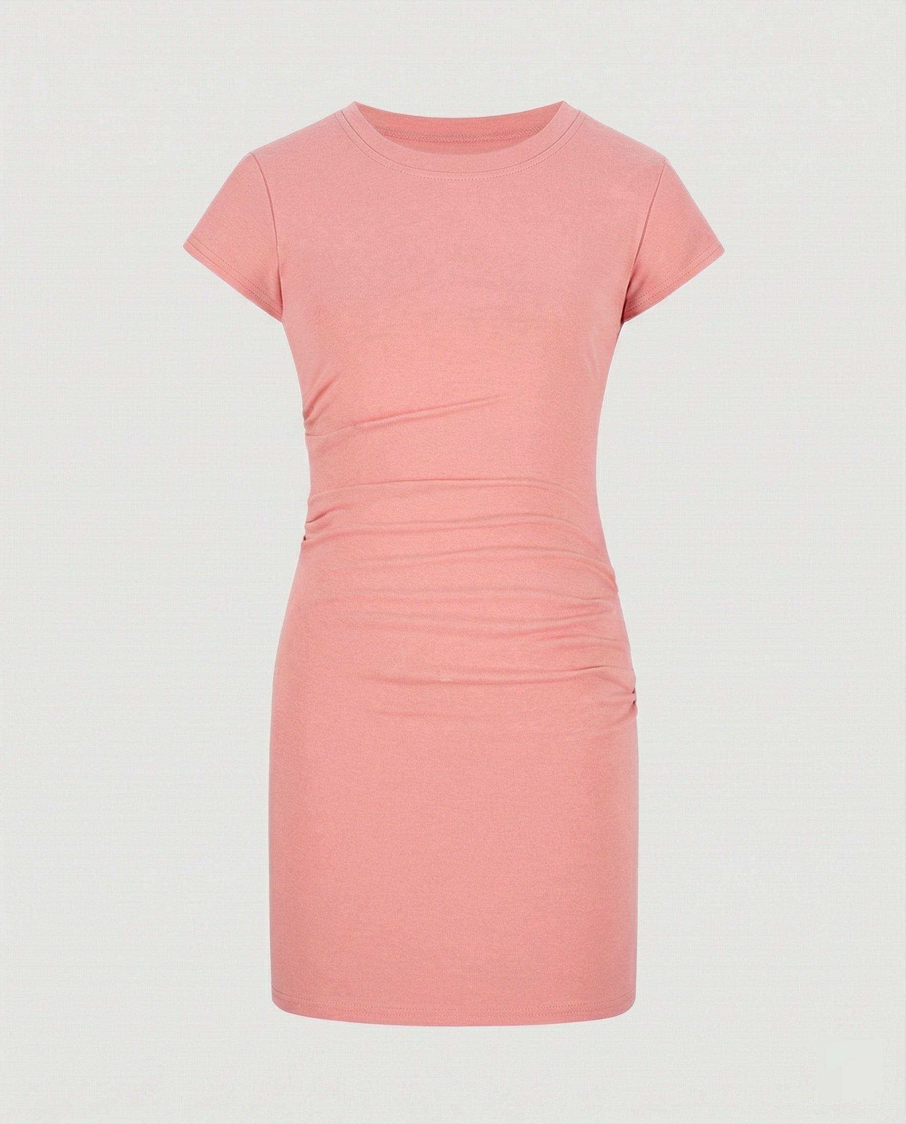 Figure-hugging mini dress with round neck and gathers for summer