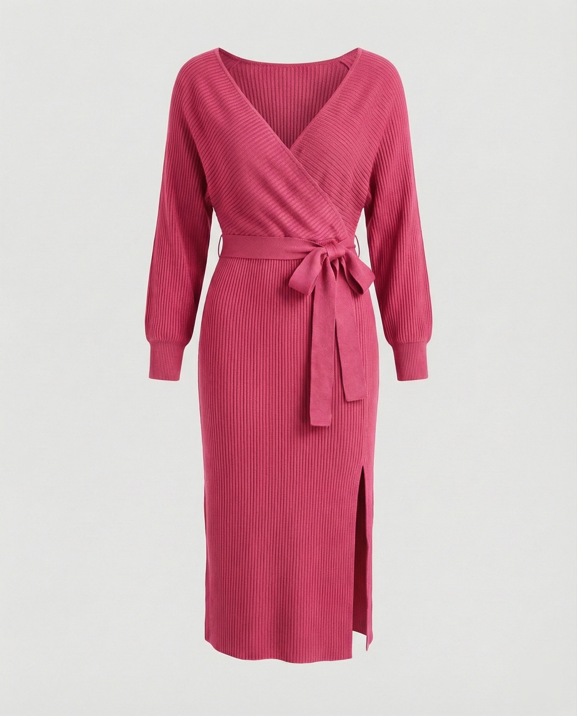 Women's knitted dress with elegant wrap design and decorative belt