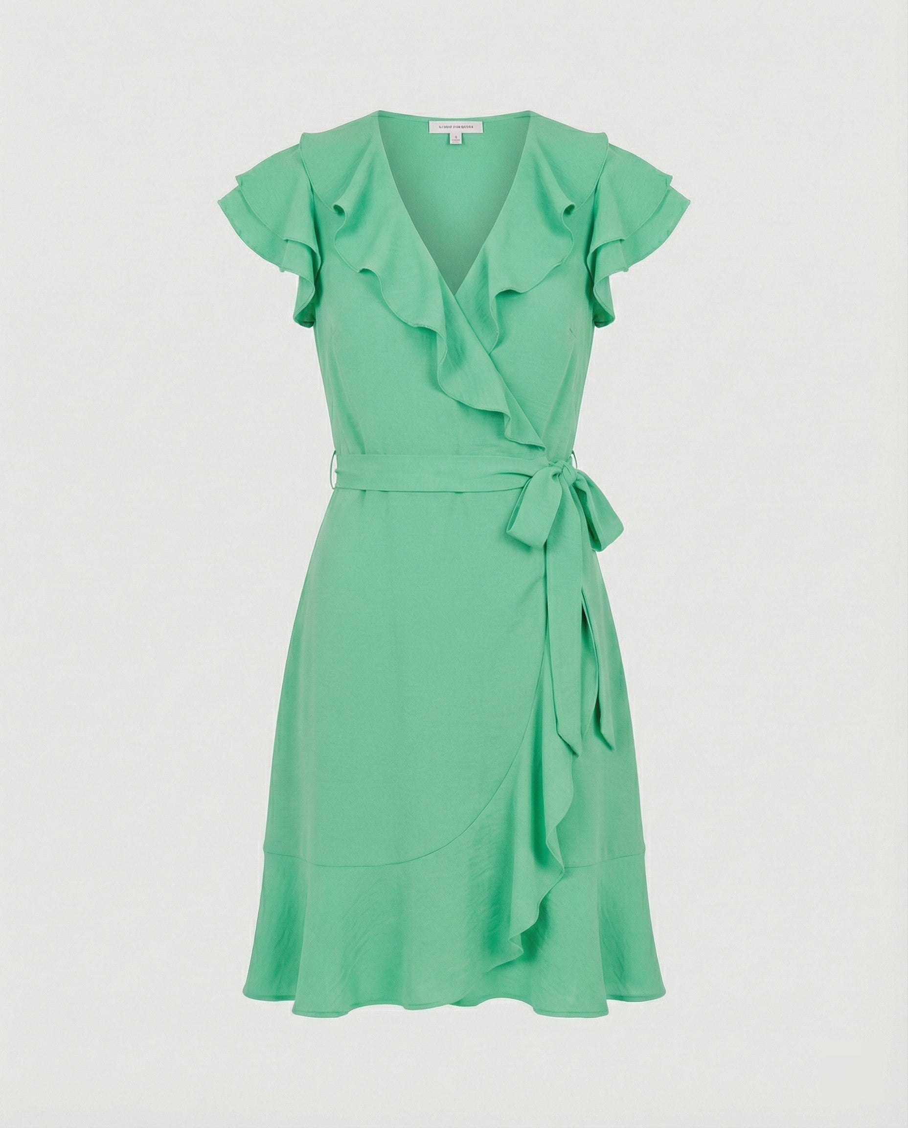 Women's wrap dress with voluminous ruffle details and waist belt