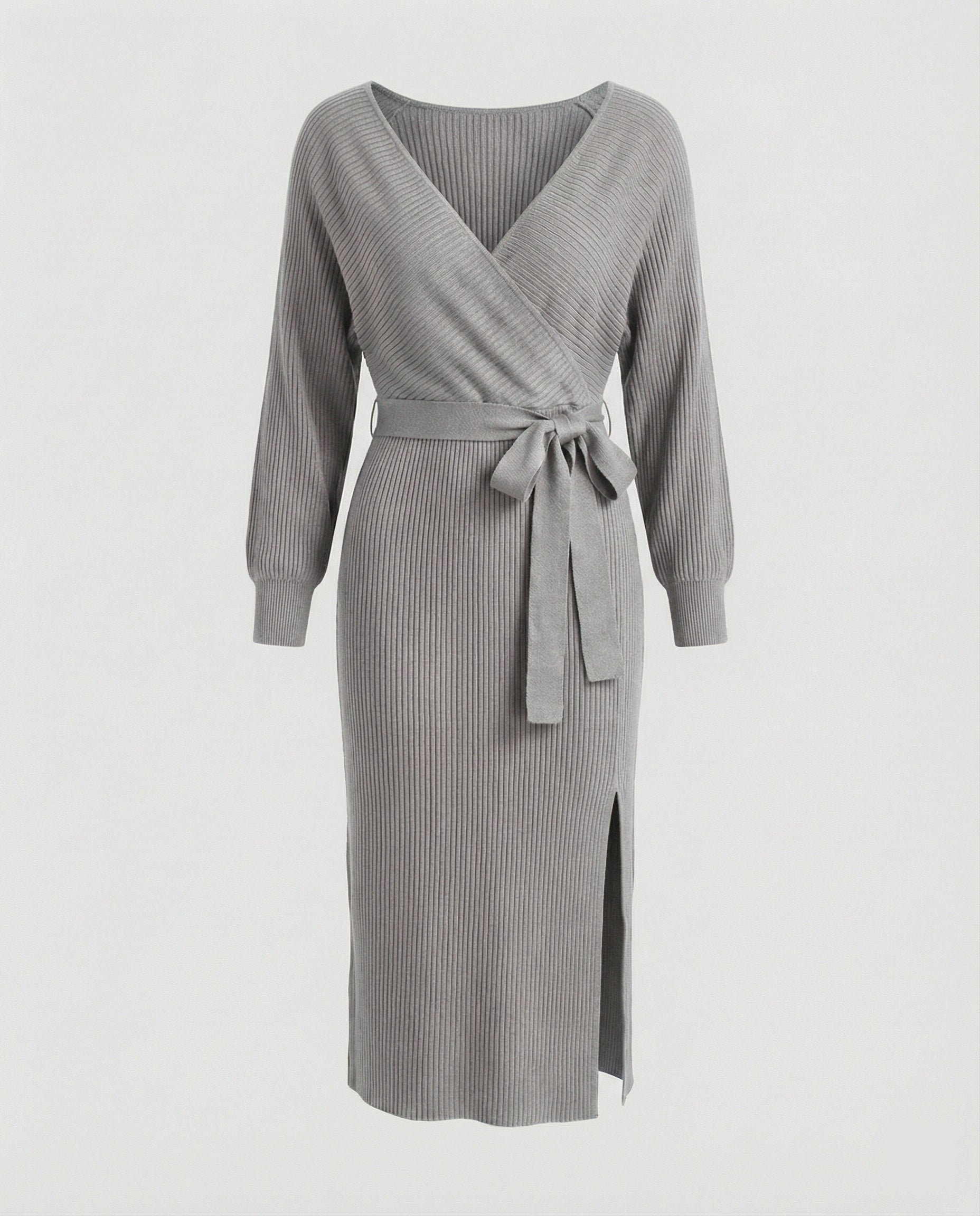 Women's knitted dress with elegant wrap design and decorative belt