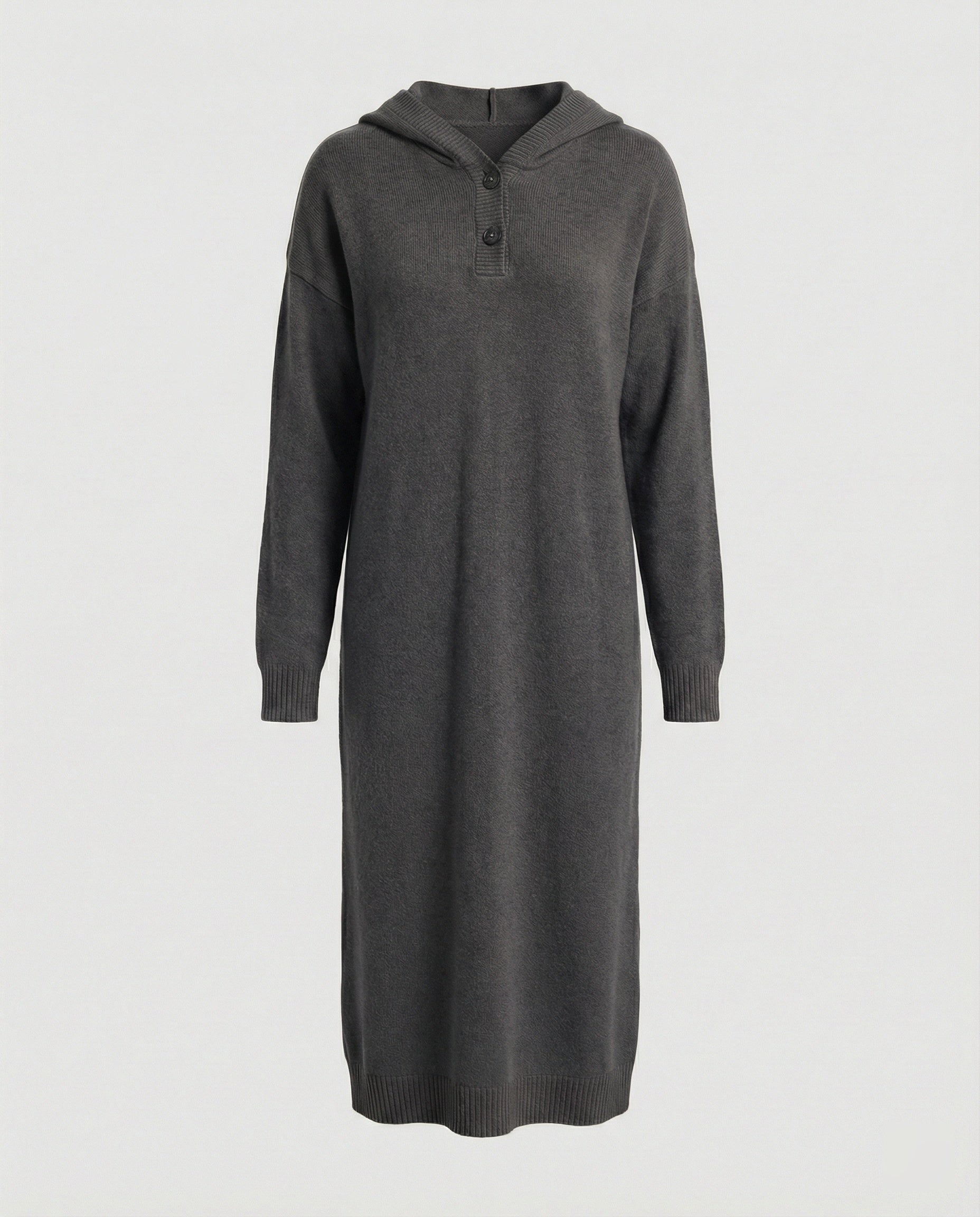 Women's hoodie dress made of soft knit material with button placket and hood