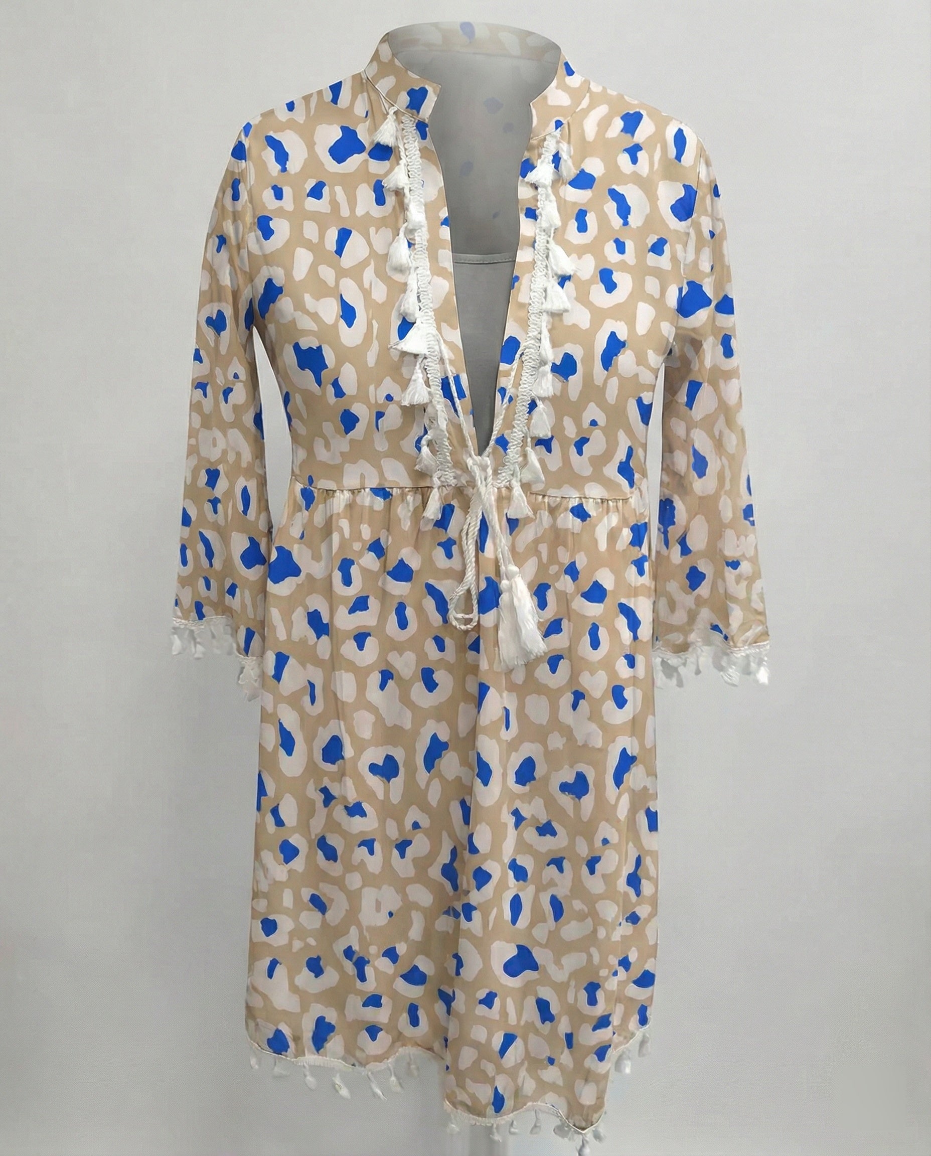 Women's beach dress with high collar and romantic floral pattern