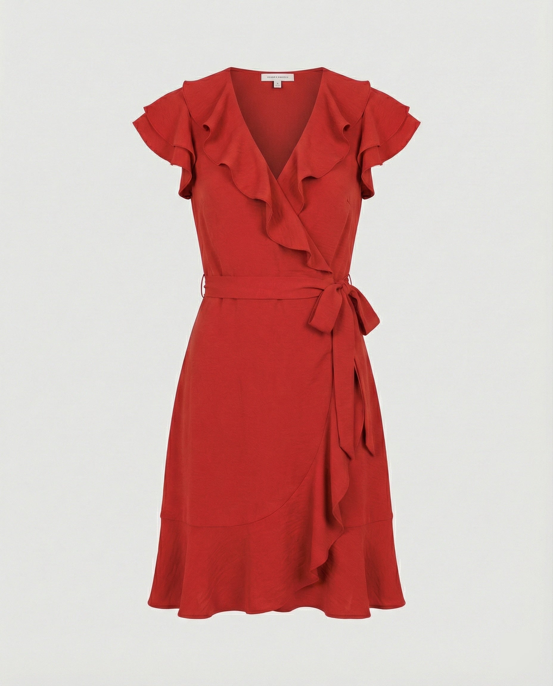 Women's wrap dress with voluminous ruffle details and waist belt