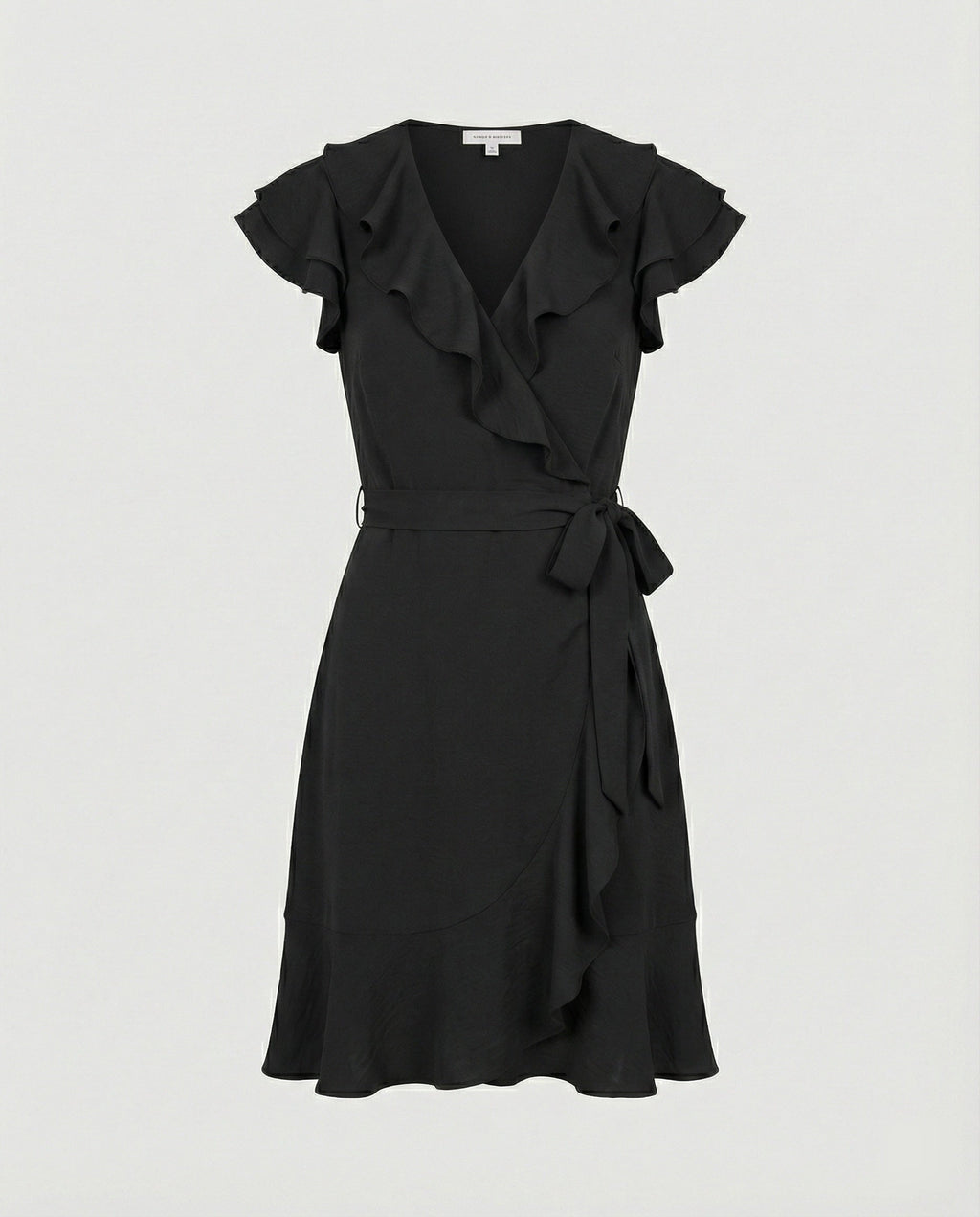 Women's wrap dress with voluminous ruffle details and waist belt