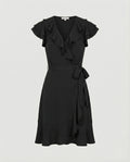 Women's wrap dress with voluminous ruffle details and waist belt