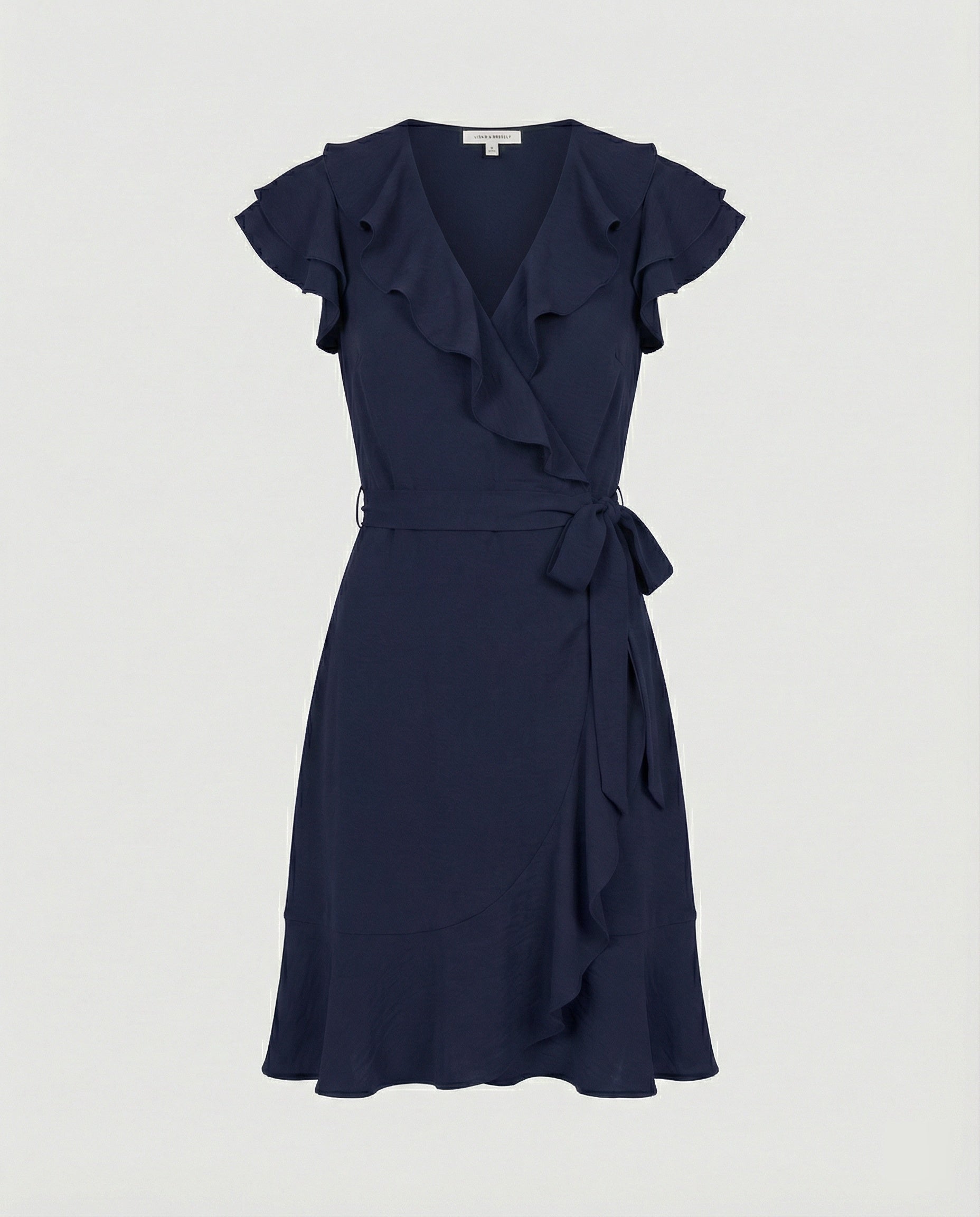 Women's wrap dress with voluminous ruffle details and waist belt