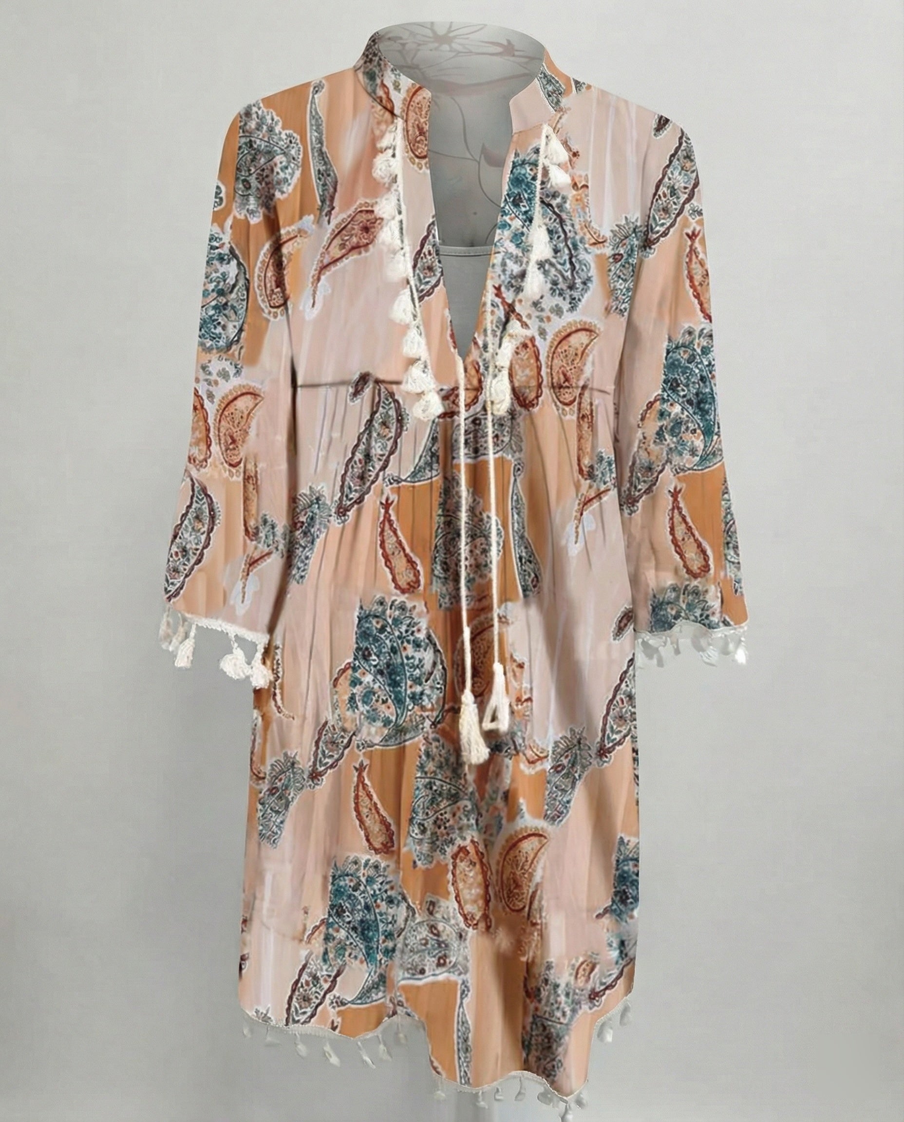 Women's beach dress with high collar and romantic floral pattern