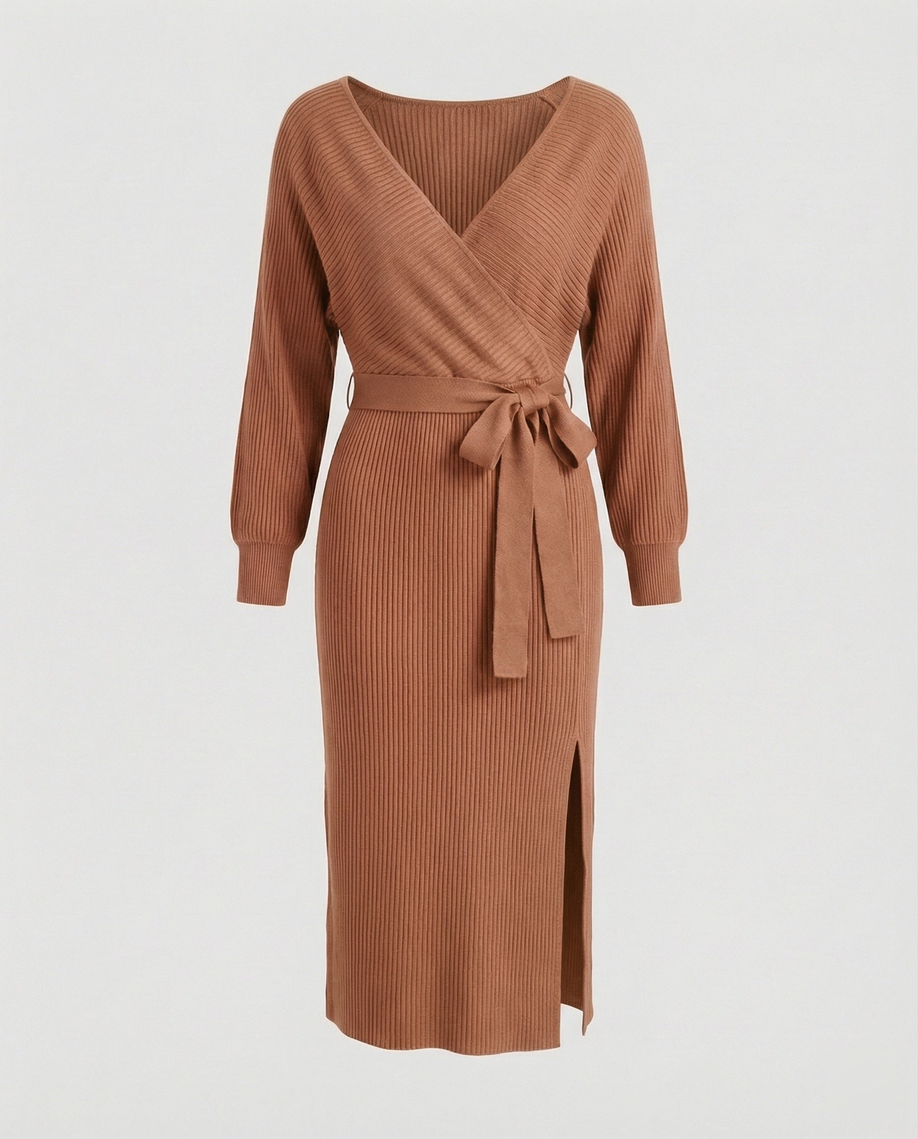 Women's knitted dress with elegant wrap design and decorative belt