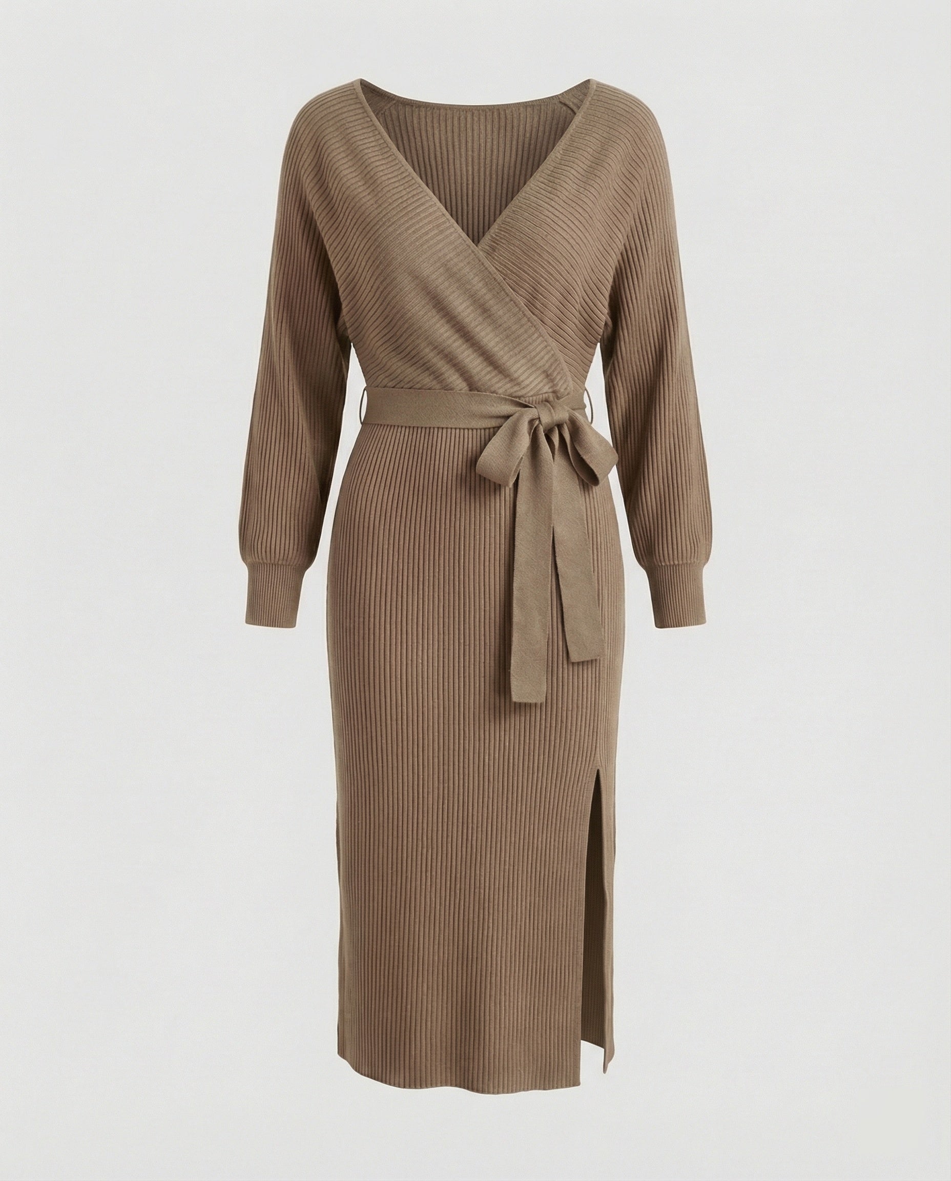Women's knitted dress with elegant wrap design and decorative belt