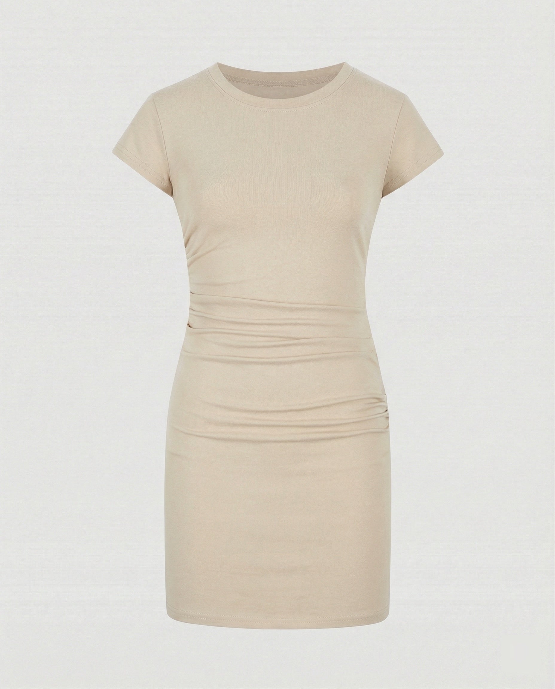 Figure-hugging mini dress with round neck and gathers for summer