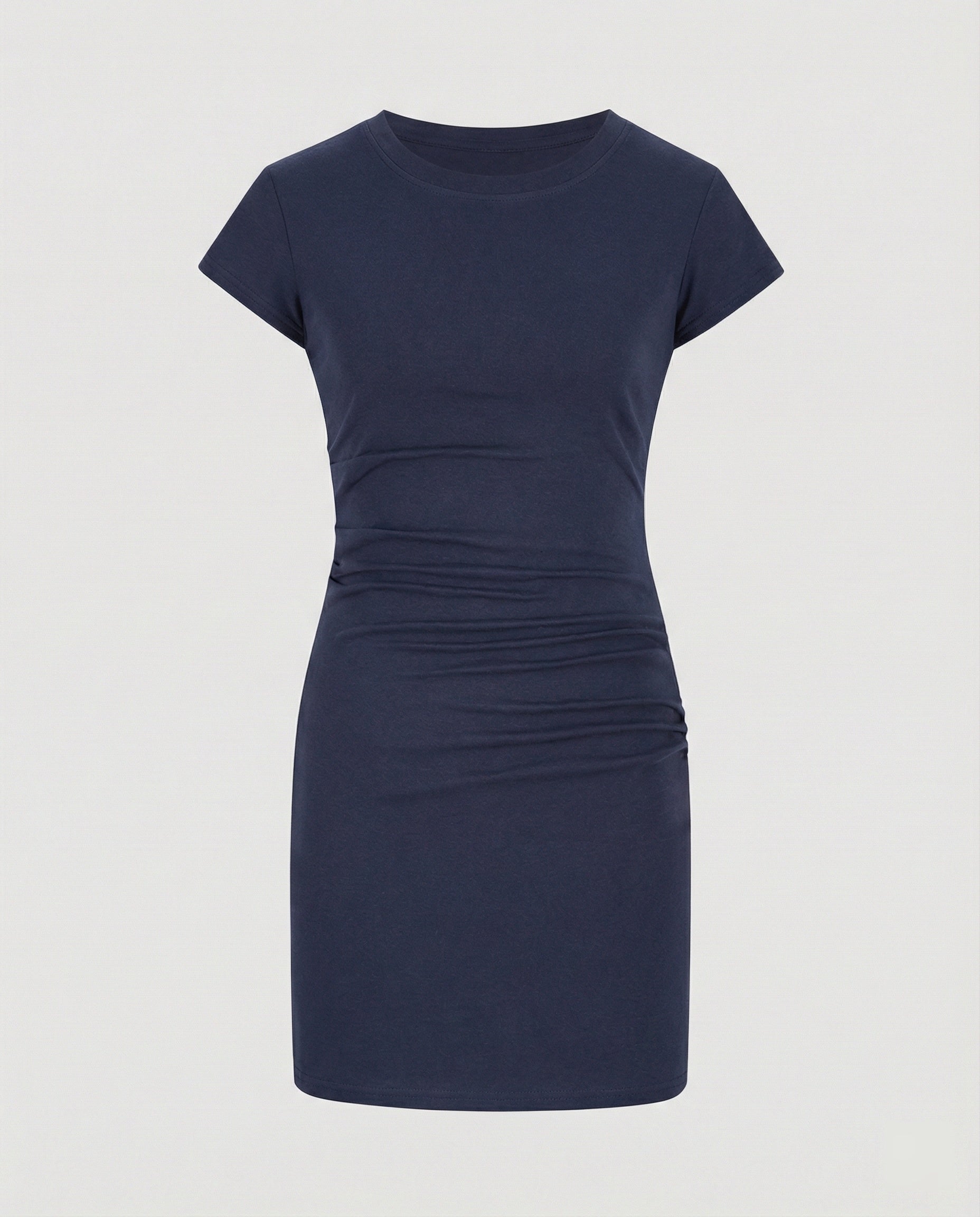 Figure-hugging mini dress with round neck and gathers for summer