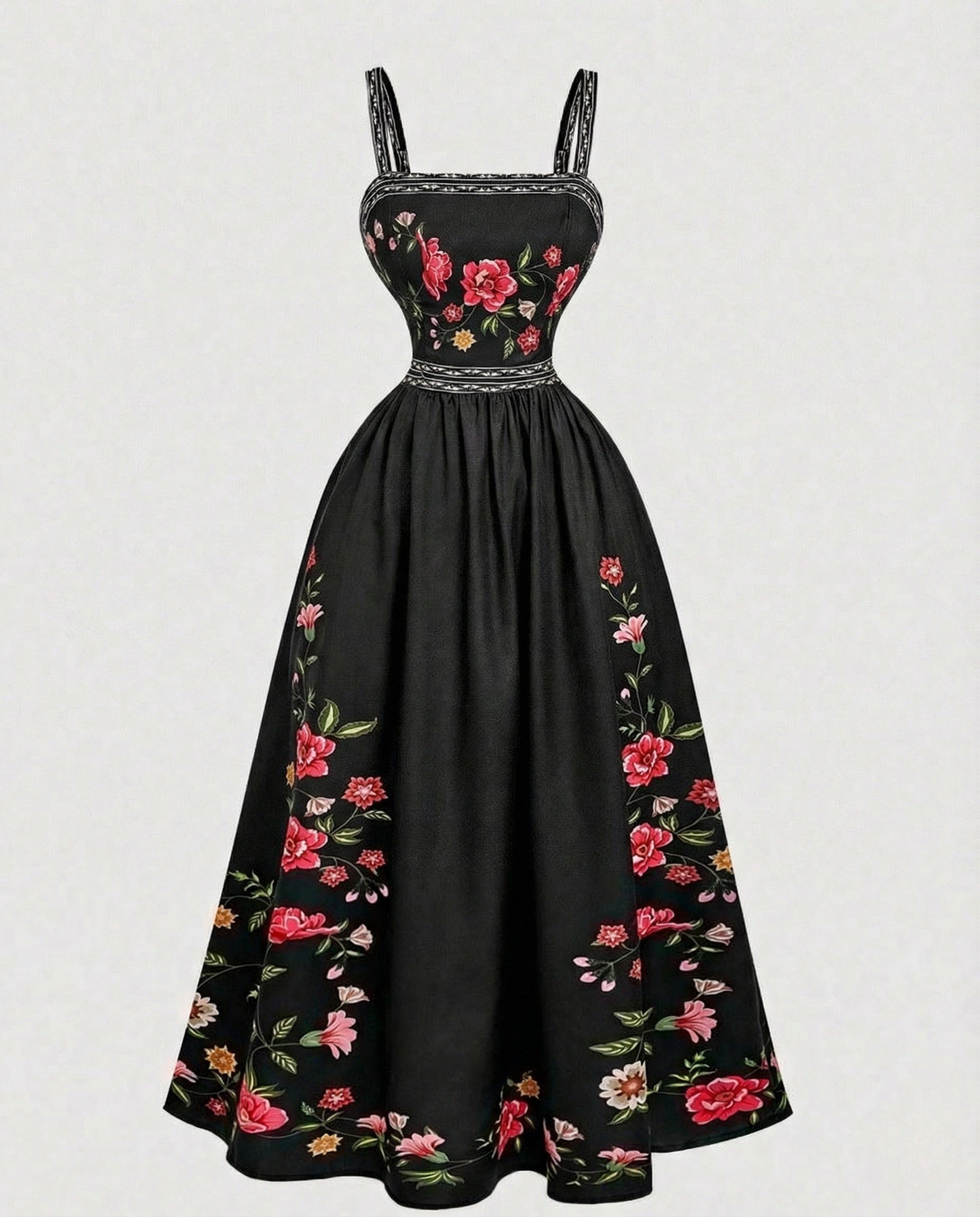 Retro Swing Dress Floor Length With Embroidery Women-Fashion Glam