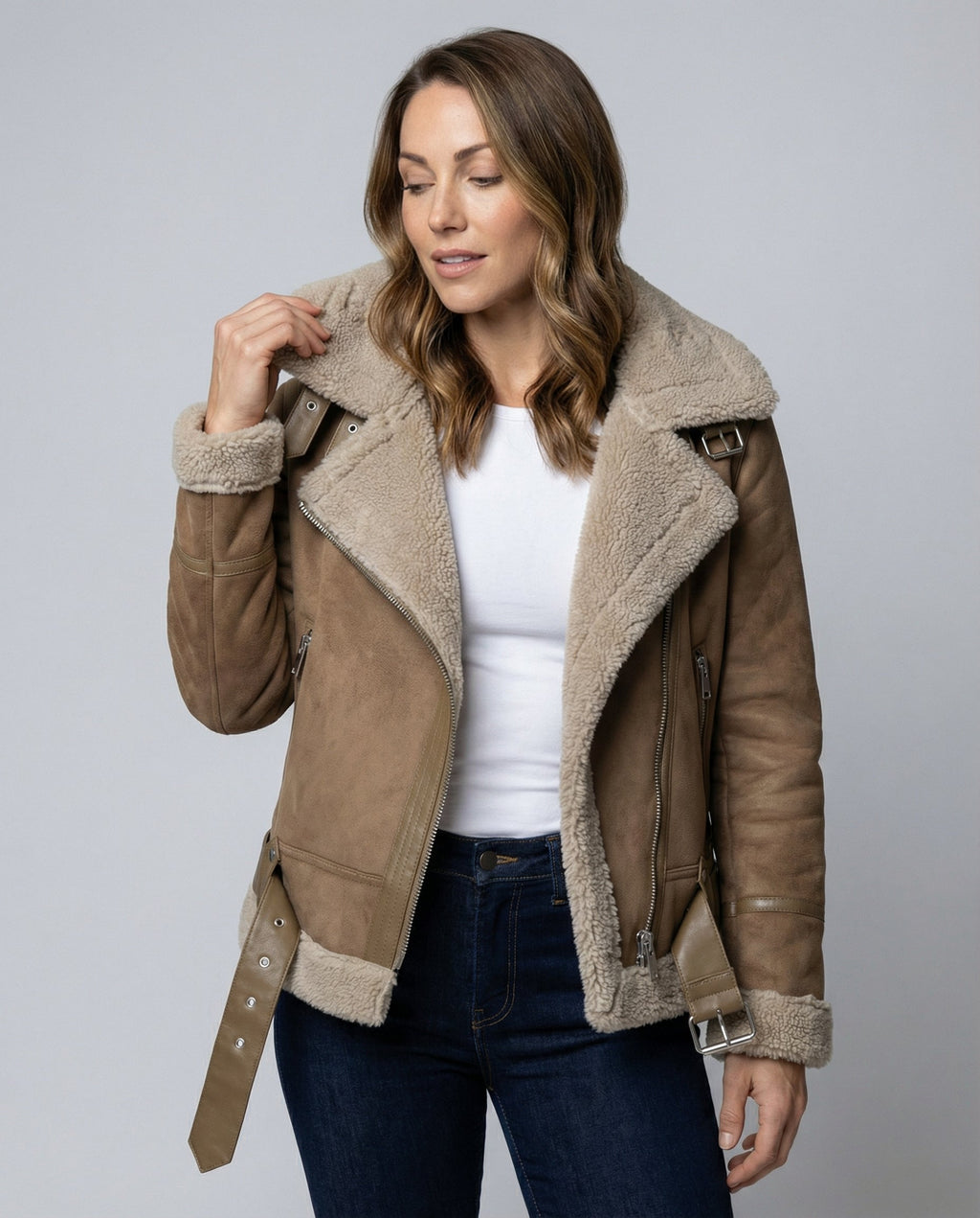 Suede jacket women Sherpa lining-Fashion Glam