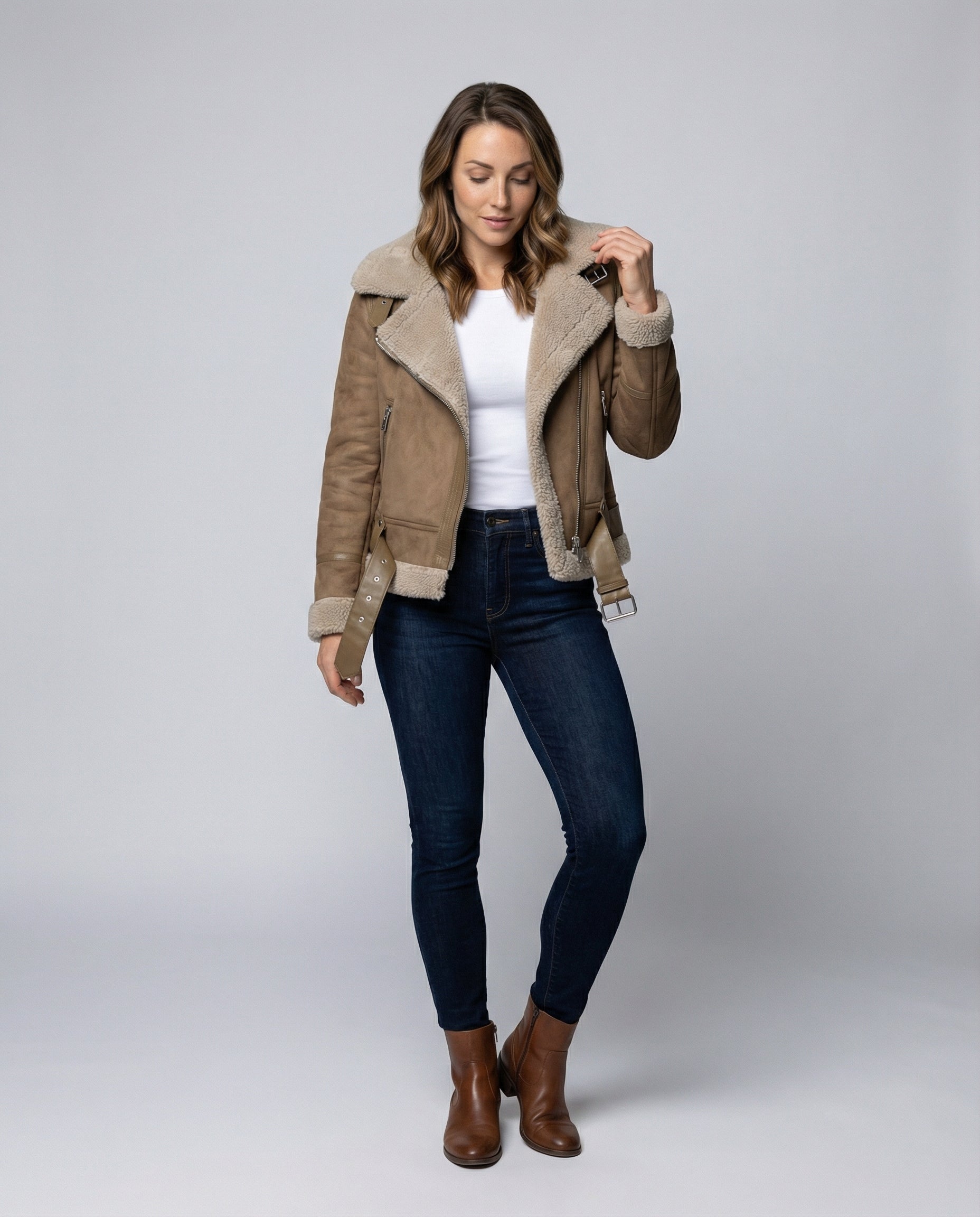 Suede jacket women Sherpa lining-Fashion Glam