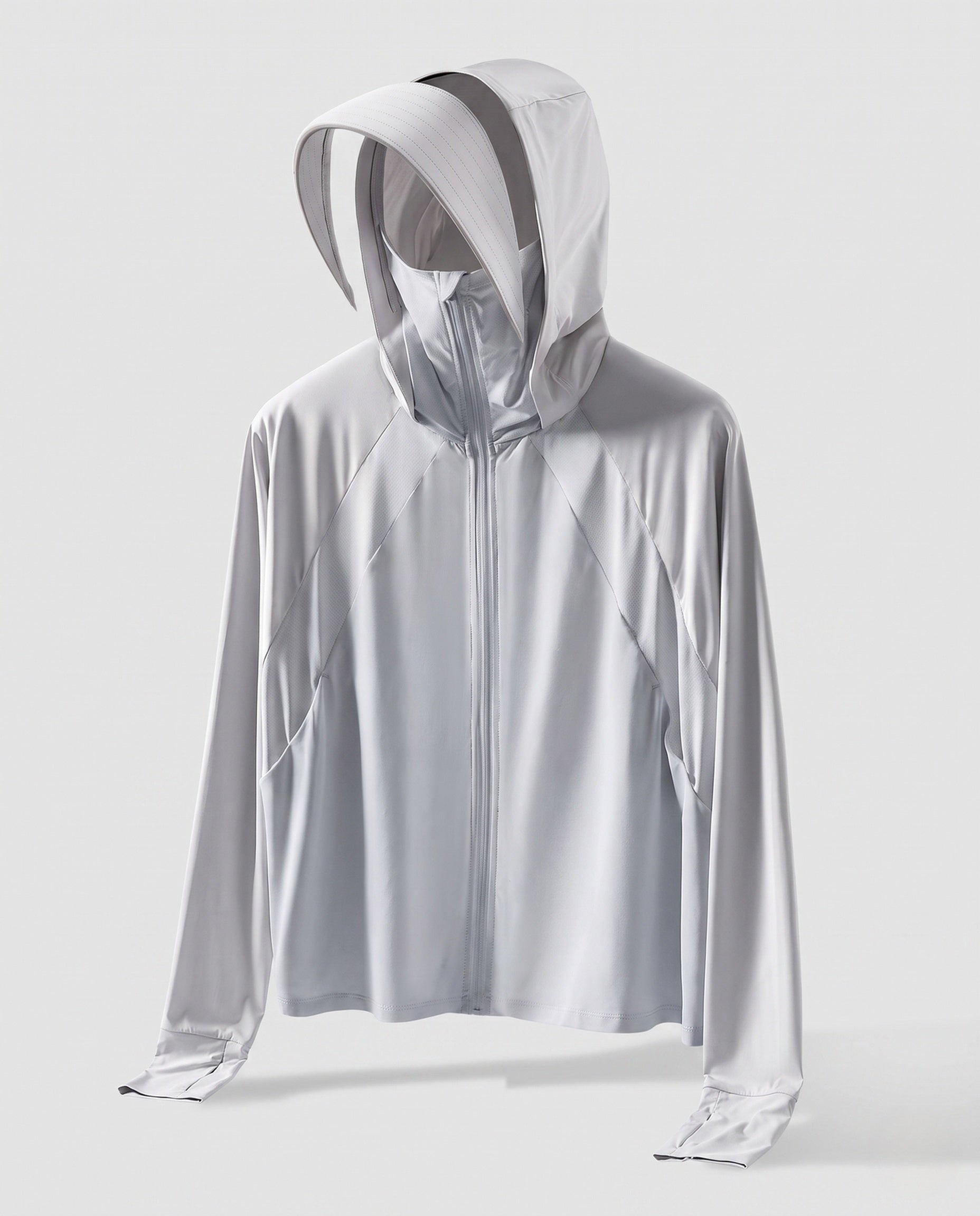 Unisex hooded sun protection jacket with extended visor brim, high stand collar and thumb holes Fashion Glam-Fashion Glam