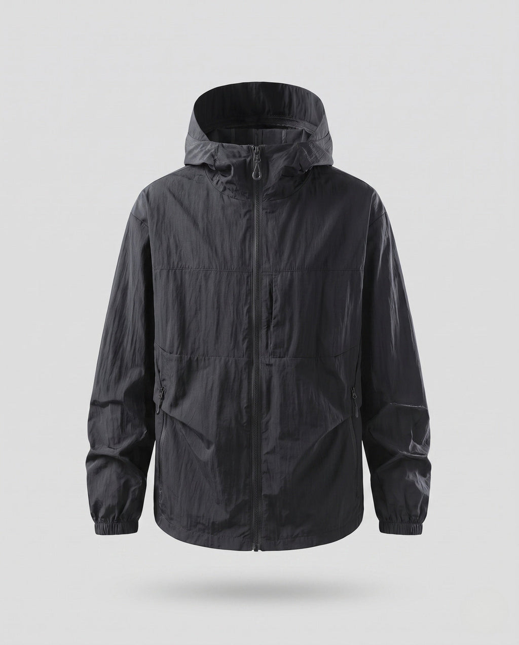 Unisex nan minimalist all-weather outdoor jacket with hood, windproof material, concealed zip pockets, and elastic hem Fashion Glam-Fashion Glam
