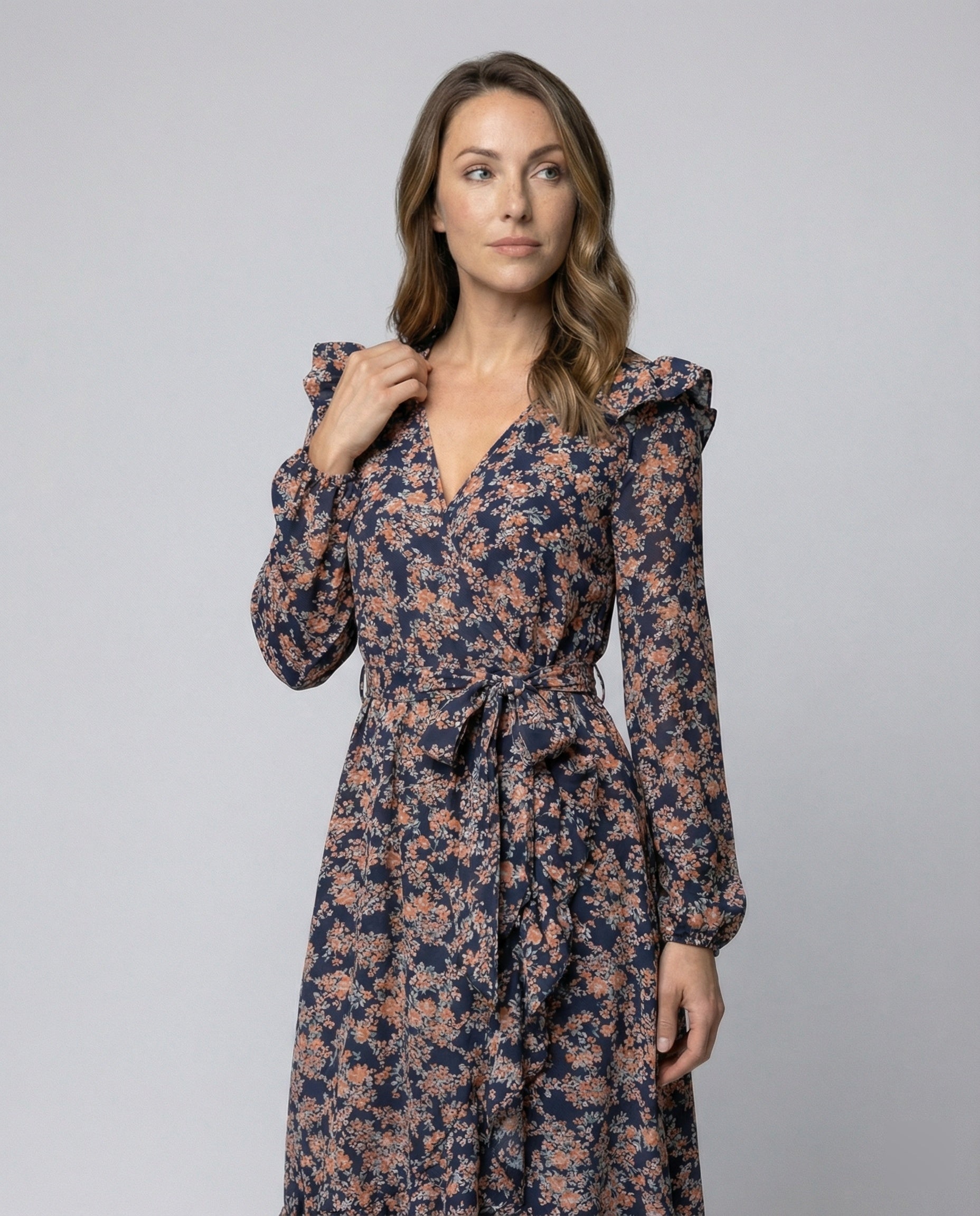 Women's blouse dress with floral design and adjustable belt