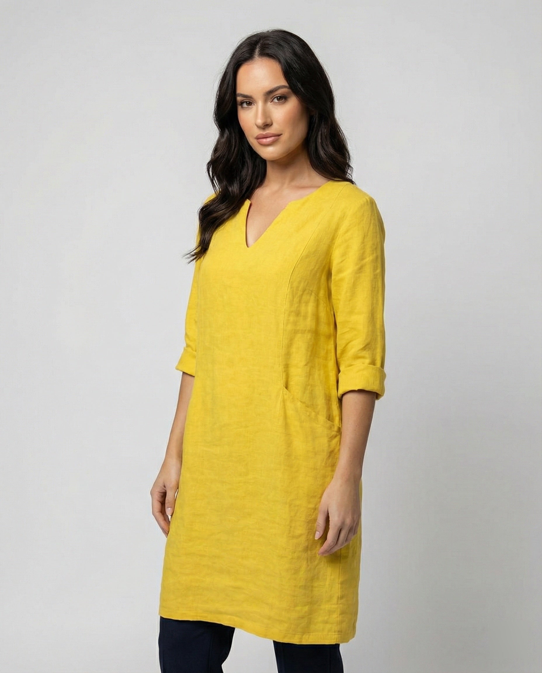 Women's linen dress with a loose fit and elegant V-neck