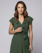 Women's wrap dress with voluminous ruffle details and waist belt