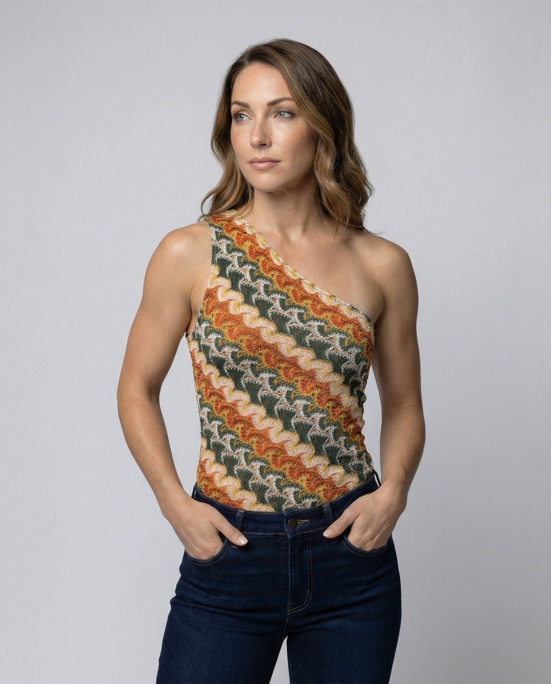Women's asymmetrical mini dress with modern wave pattern