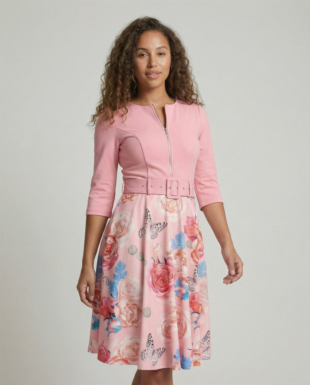 Women A-line dress with fitted belt and floral pattern