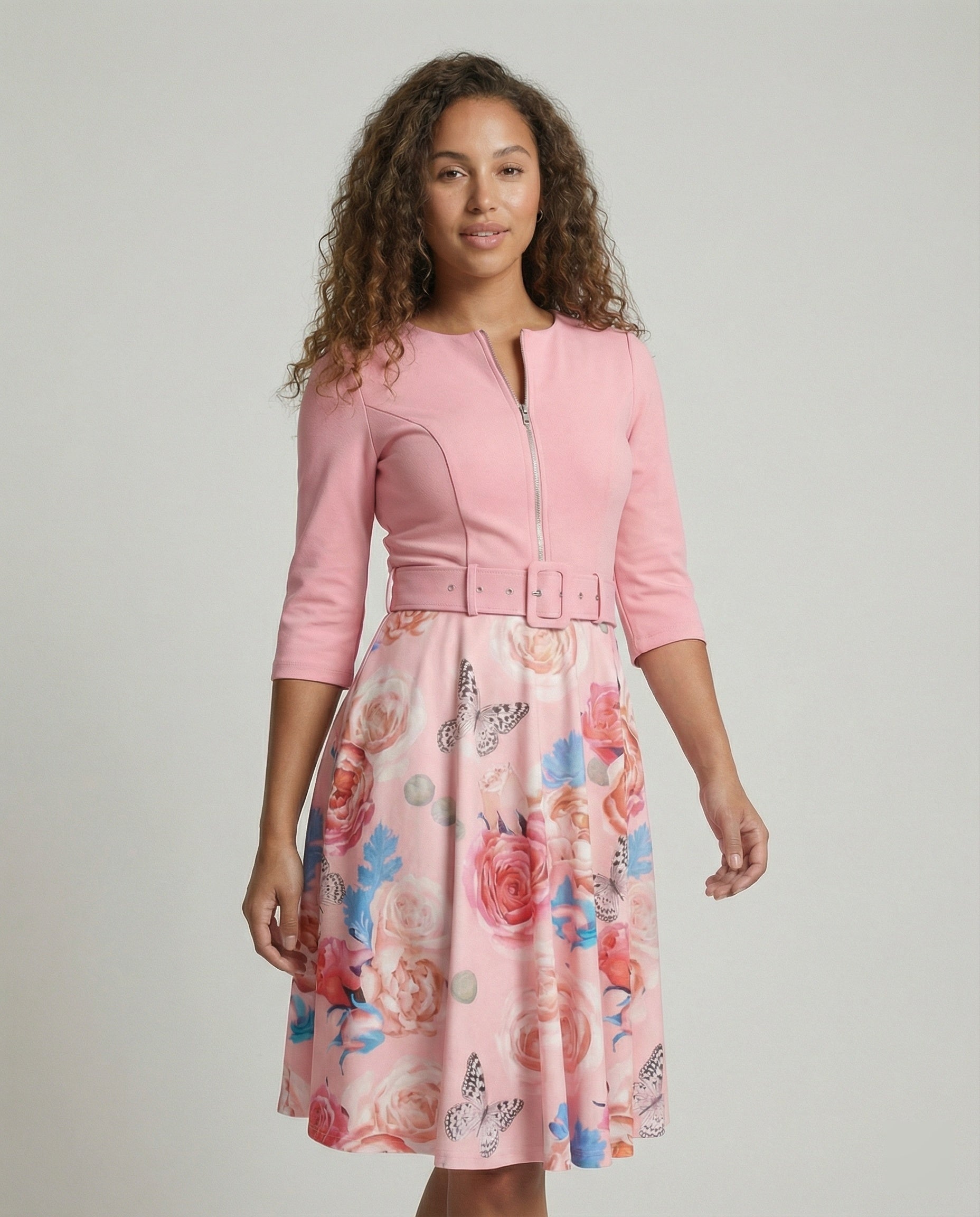 Women A-line dress with fitted belt and floral pattern