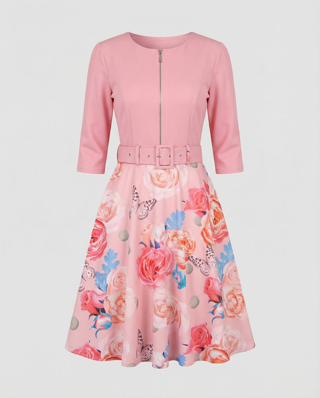 Women A-line dress with fitted belt and floral pattern-Fashion Glam