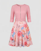 Women A-line dress with fitted belt and floral pattern-Fashion Glam