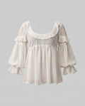 Women airy blouse shirt with ruffled hem and puff sleeves-Fashion Glam