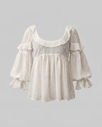Women airy blouse shirt with ruffled hem and puff sleeves-Fashion Glam