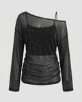 Women Elegant, sparkling blouse shirt with transparent sleeves-Fashion Glam