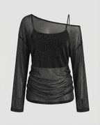 Women Elegant, sparkling blouse shirt with transparent sleeves-Fashion Glam