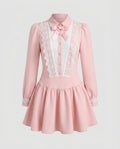 Women playful A-line dress with lace appliqués and bow detail-Fashion Glam