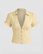 Women Striped Eyelet Lacing Mixed Fabric Blouse Set-Fashion Glam