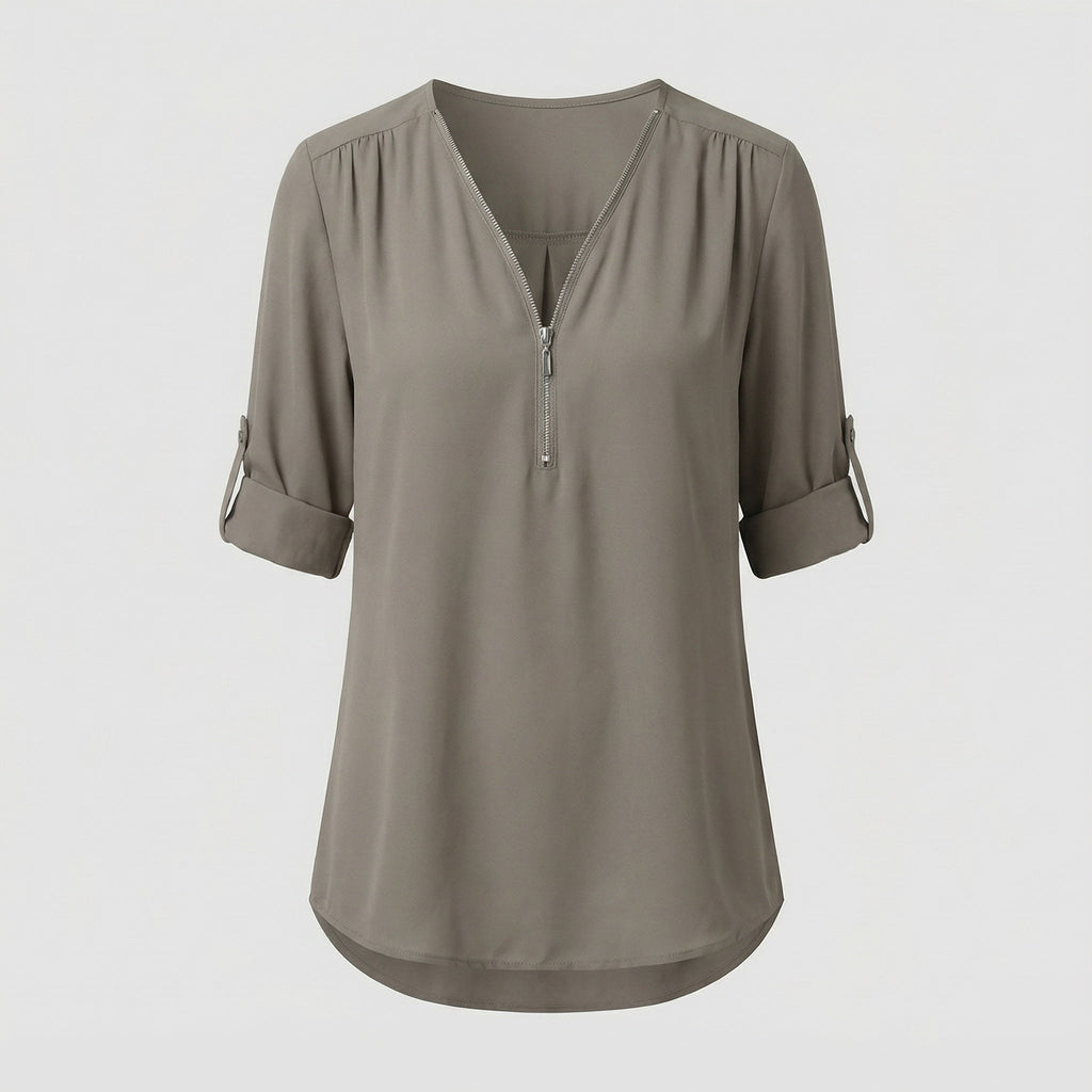 Women Zipper V-Neck Blouse Shirt-Fashion Glam