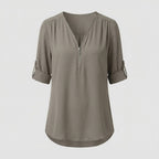 Women Zipper V-Neck Blouse Shirt-Fashion Glam