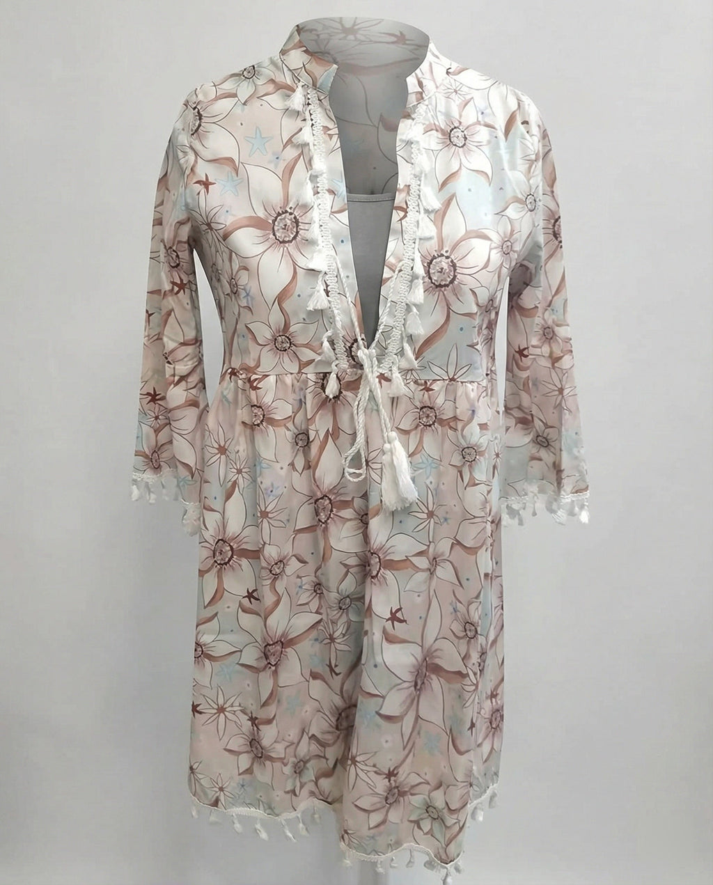 Women's beach dress with high collar and romantic floral pattern-Fashion Glam