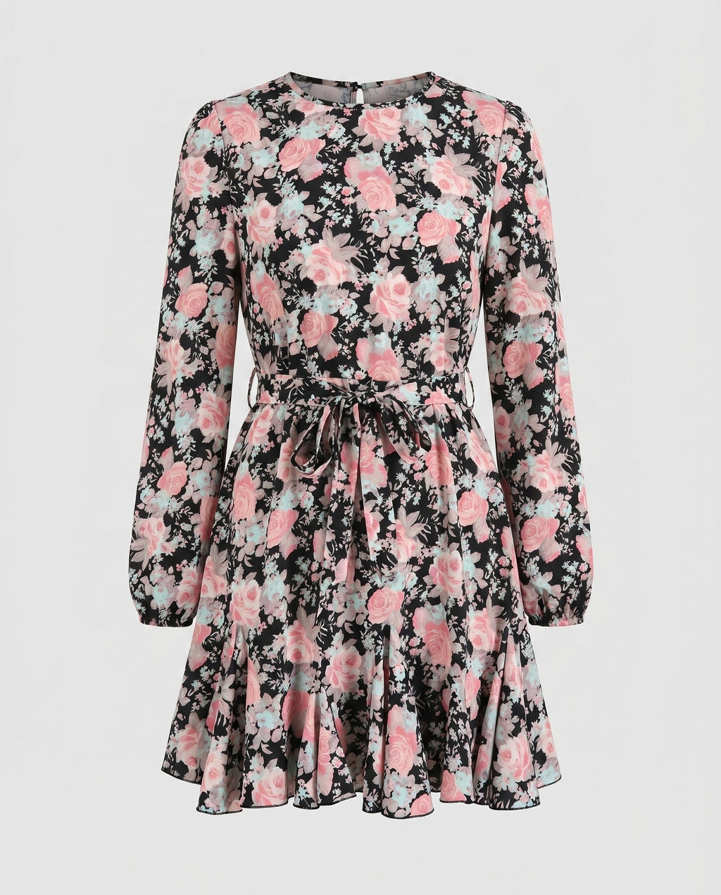Women's blouse dress with floral ruffles and tie belt-Fashion Glam