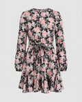 Women's blouse dress with floral ruffles and tie belt-Fashion Glam