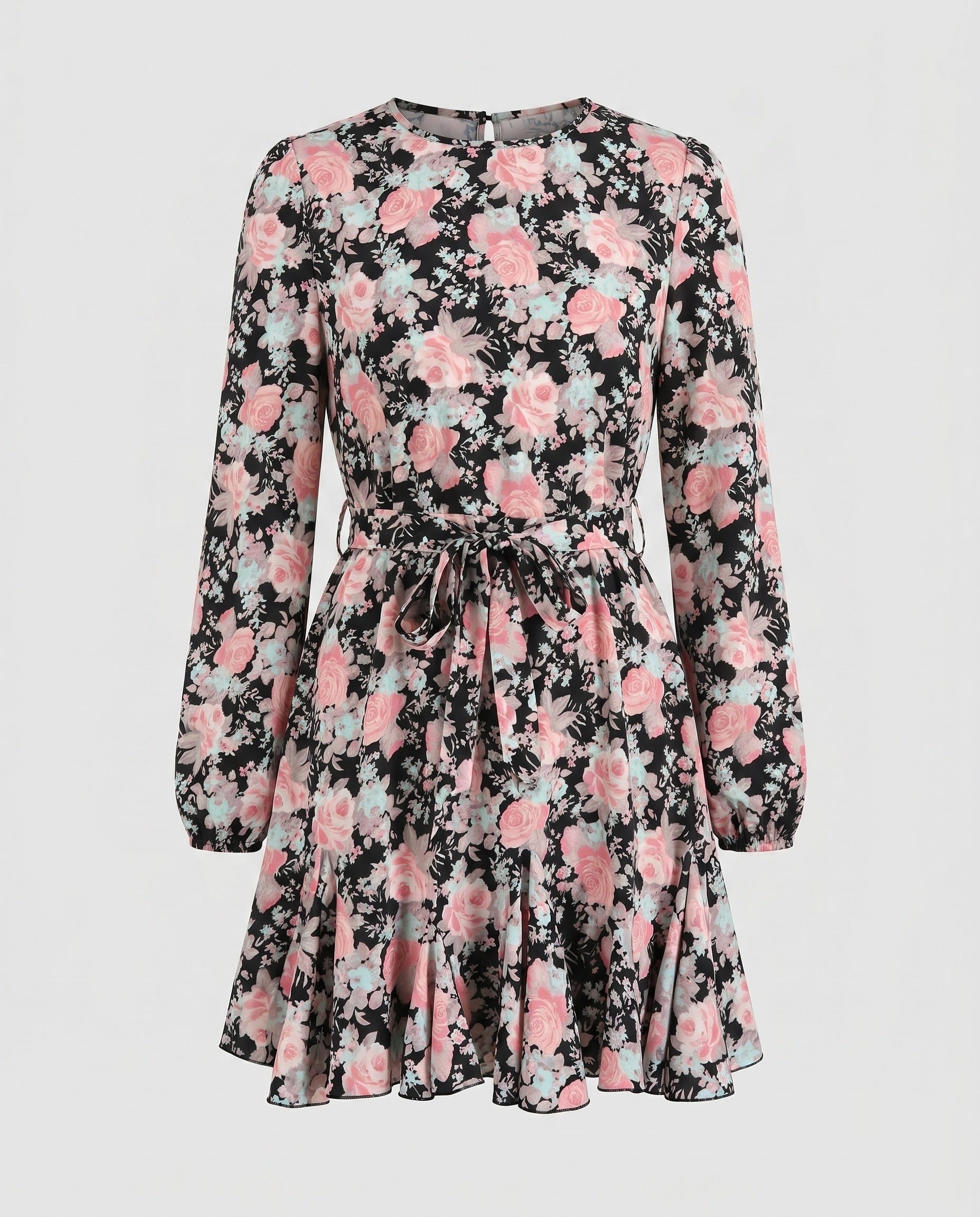 Women's blouse dress with floral ruffles and tie belt-Fashion Glam
