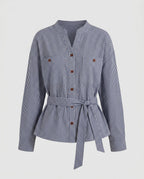 Women's blouse jacket with exciting striped pattern and practical pockets-Fashion Glam