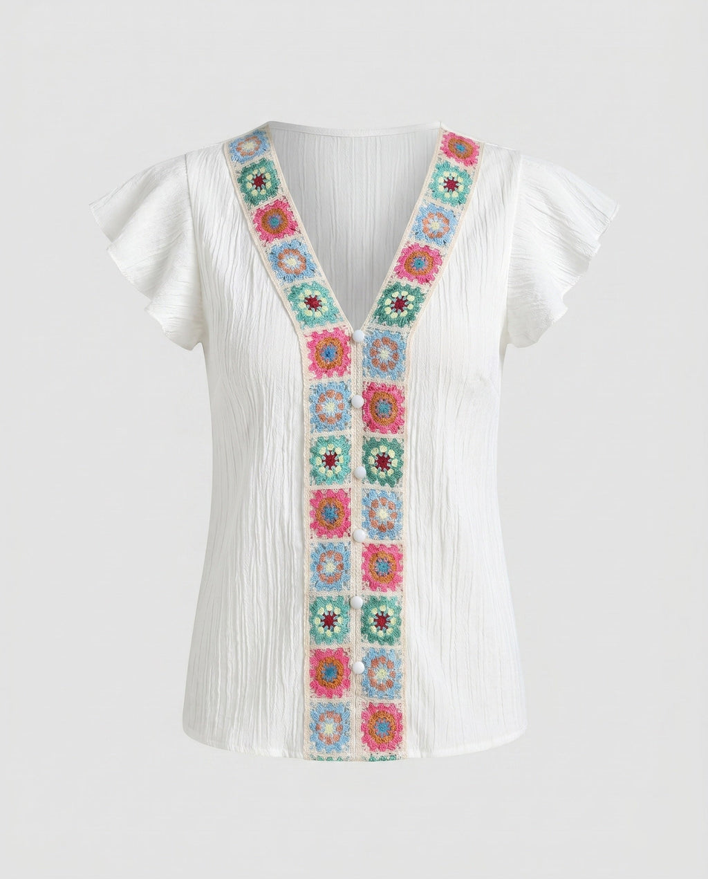 Women’s blouse top with colorful embroidery and ruffle details-Fashion Glam