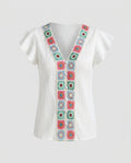 Women’s blouse top with colorful embroidery and ruffle details-Fashion Glam