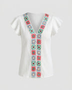 Women’s blouse top with colorful embroidery and ruffle details-Fashion Glam
