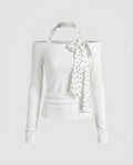 Women's blouse top with decorative bow accent and open shoulders-Fashion Glam