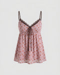 Women’s blouse top with playful floral pattern and decorative spaghetti straps-Fashion Glam