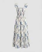 Women's Boho Maxi Dress with Ruffled Straps and Floral Print Details-Fashion Glam
