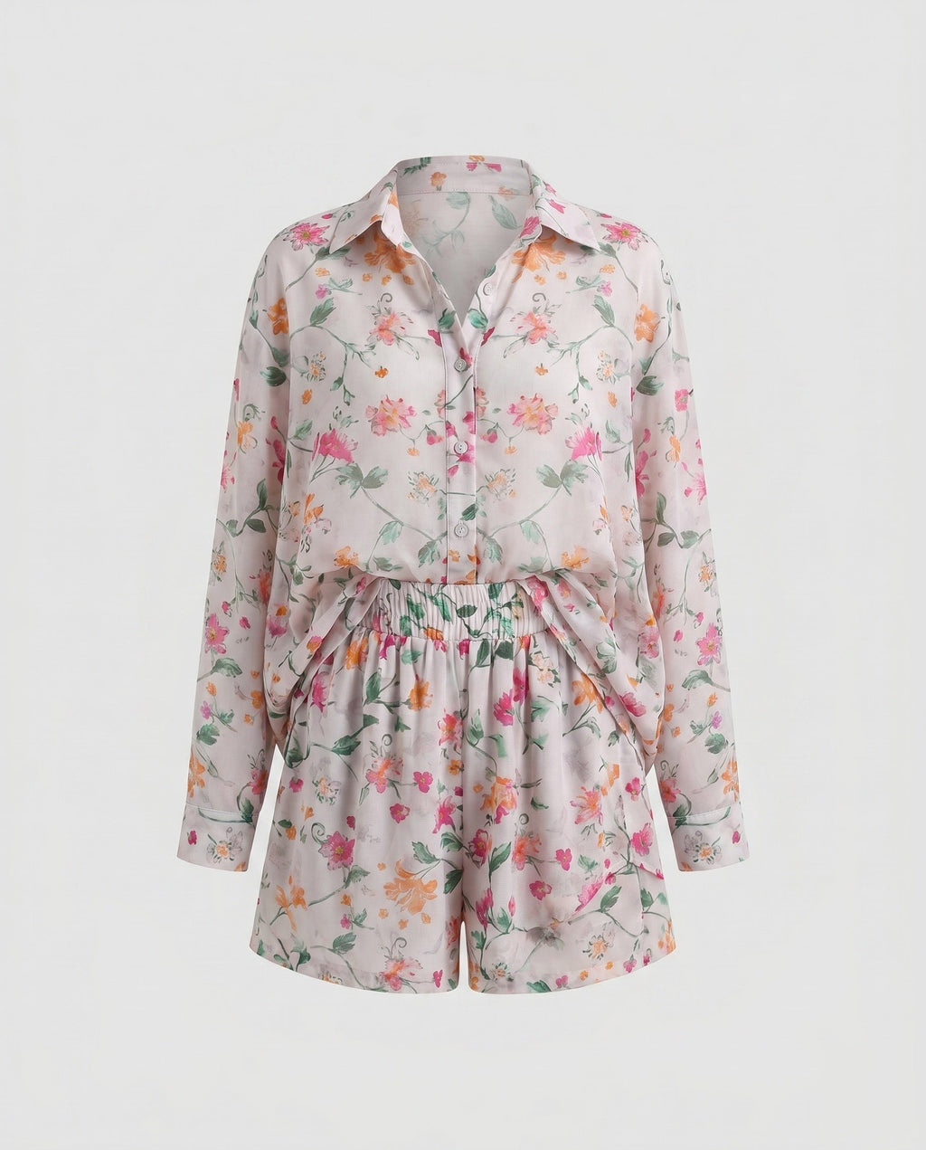 Women's Casual Blouse Set with Floral Pattern and Tailored Shorts Fashion Glam-Fashion Glam