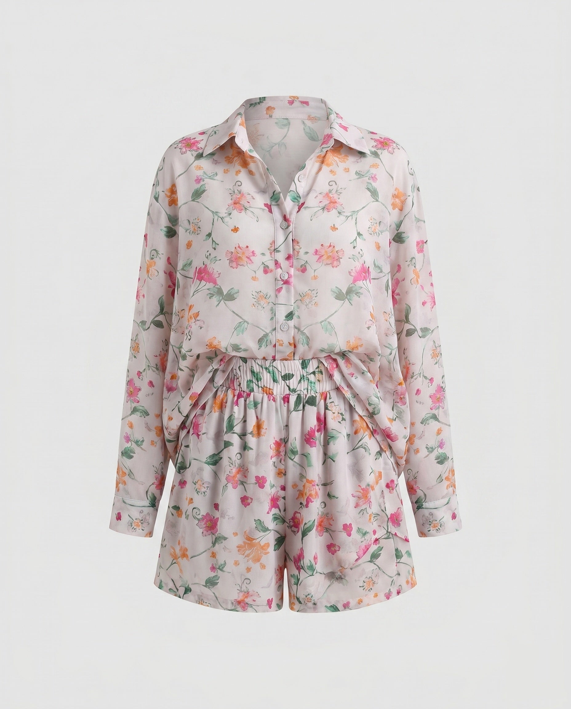 Women's Casual Blouse Set with Floral Pattern and Tailored Shorts Fashion Glam-Fashion Glam
